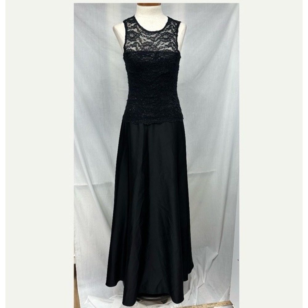 Vintage Black Satin Dress 8 Sheer Lace Top Floor Length Formal Gown Whimsigoth
